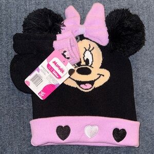 New Disney Minnie Mouse Black and Pink Knit Hat💓with Mittens.
